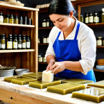 Artisanal Soap Making**

"A brightly lit workshop with a woman carefully hand-pouring a batch of olive oil and lavender soap into wooden molds. Jars of dried herbs and essential oils are visible in the background. The scene is cozy and inviting, emphasizing the natural ingredients. fully clothed, appropriate attire, safe for work, professional, well-formed hands, perfect anatomy, natural proportions, high quality photography"

**