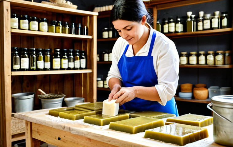 Artisanal Soap Making**

"A brightly lit workshop with a woman carefully hand-pouring a batch of olive oil and lavender soap into wooden molds. Jars of dried herbs and essential oils are visible in the background. The scene is cozy and inviting, emphasizing the natural ingredients. fully clothed, appropriate attire, safe for work, professional, well-formed hands, perfect anatomy, natural proportions, high quality photography"

**