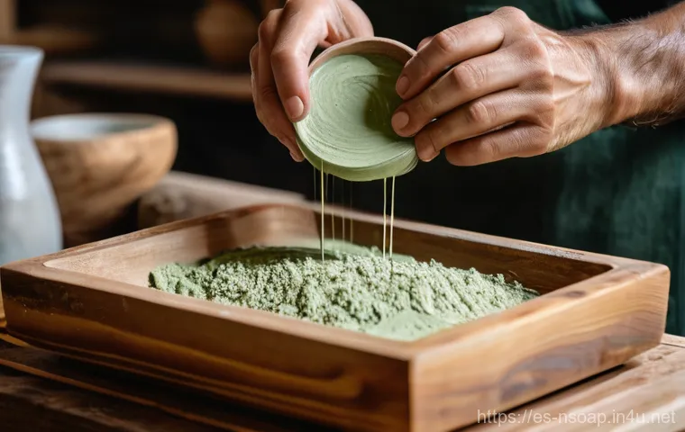 천연비누 주의사항 - **Prompt:** A close-up shot of a skilled artisan's hands meticulously pouring freshly made natural s...