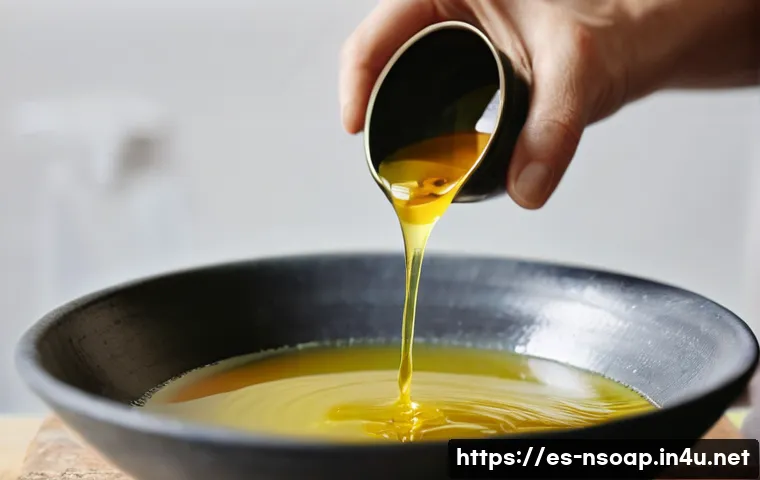 천연비누 원료 구입처 - **Prompt:** A close-up shot capturing a passionate artisan's hands carefully pouring rich, golden ol...