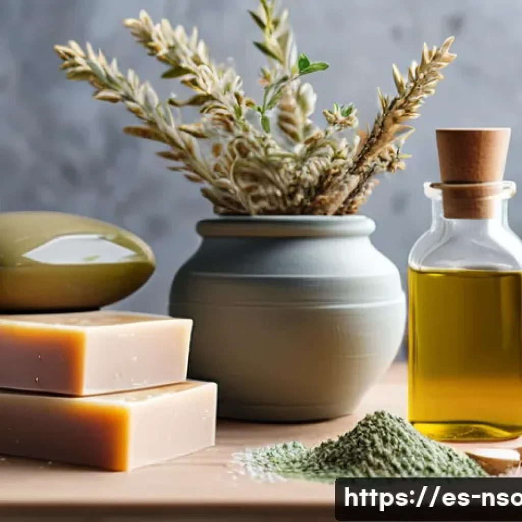 천연비누 실험 - A rustic artisanal soap workshop scene featuring natural ingredients: a wooden table scattered with ...