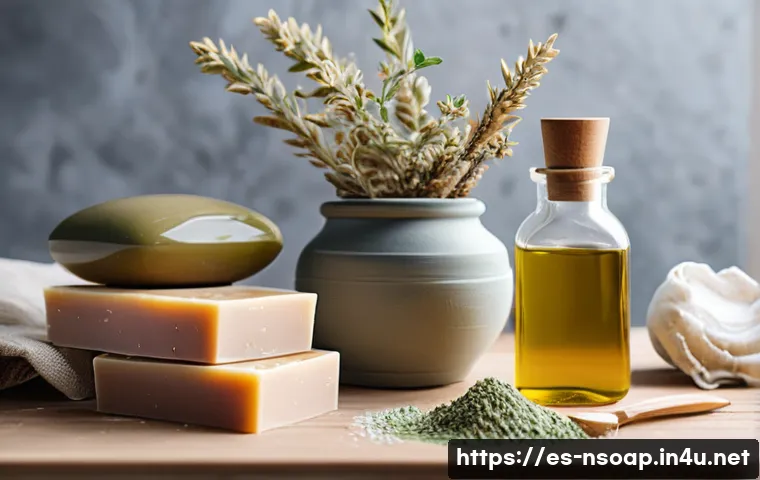 천연비누 실험 - A rustic artisanal soap workshop scene featuring natural ingredients: a wooden table scattered with ...