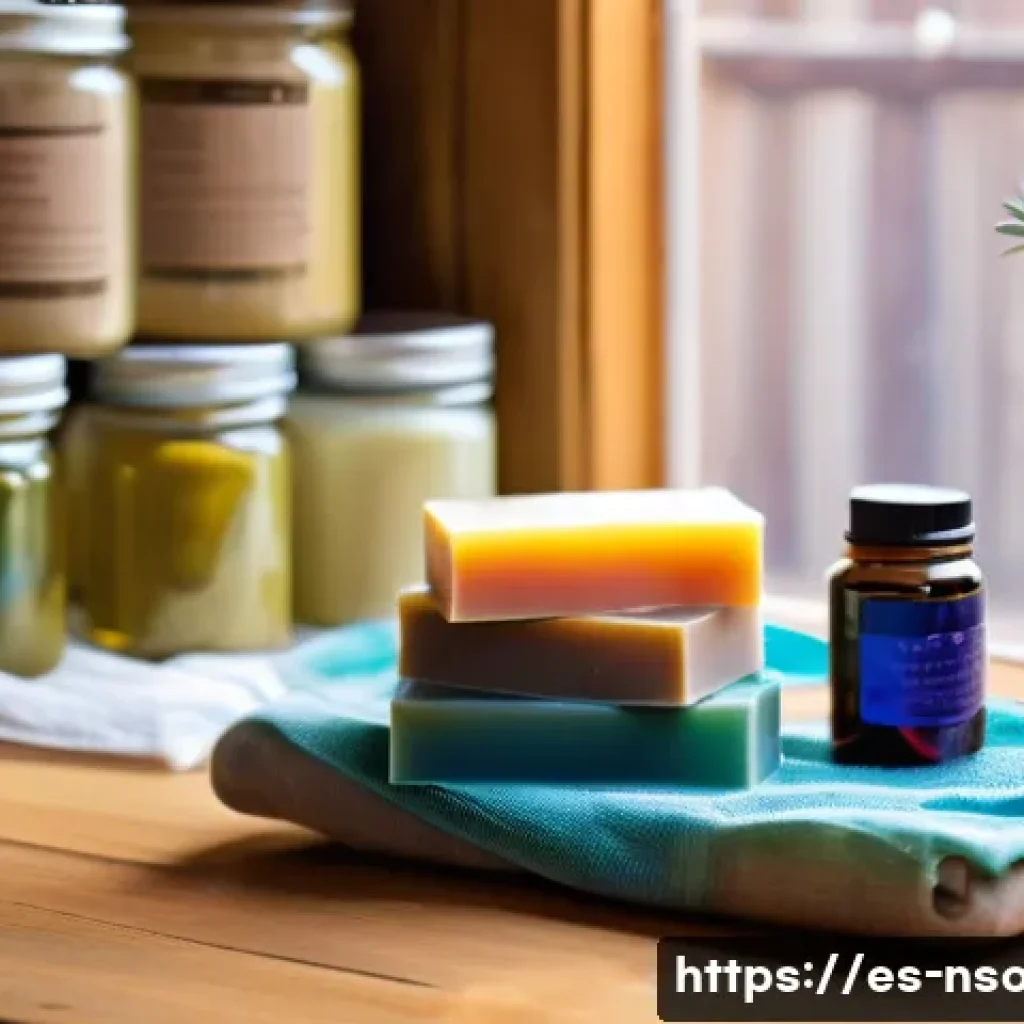 천연비누 핸드메이드 만들기 - A cozy artisan soap-making workshop featuring a wooden table covered with natural ingredients: glass...