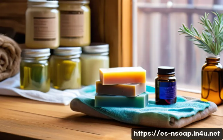 천연비누 핸드메이드 만들기 - A cozy artisan soap-making workshop featuring a wooden table covered with natural ingredients: glass...