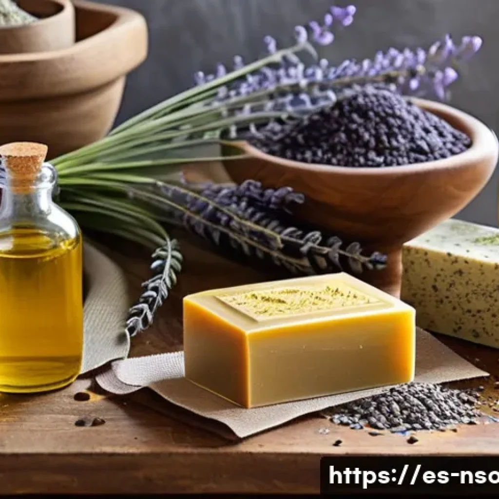 천연비누 만드는 법 자세히 - A rustic artisanal soap-making scene featuring a wooden table with an assortment of natural ingredie...