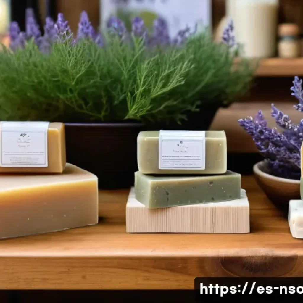 천연비누 손세정 - A cozy artisanal soap display on a rustic wooden table in a bright Spanish market setting, featuring...