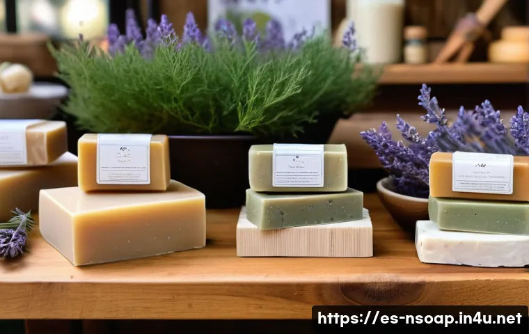 천연비누 손세정 - A cozy artisanal soap display on a rustic wooden table in a bright Spanish market setting, featuring...