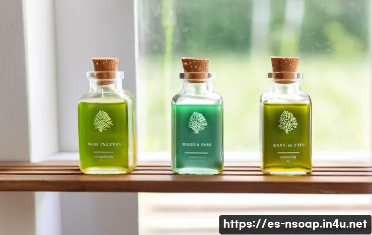천연비누 알레르기 주의사항 - A serene bathroom scene featuring a variety of natural soaps displayed on a wooden shelf with clear ...
