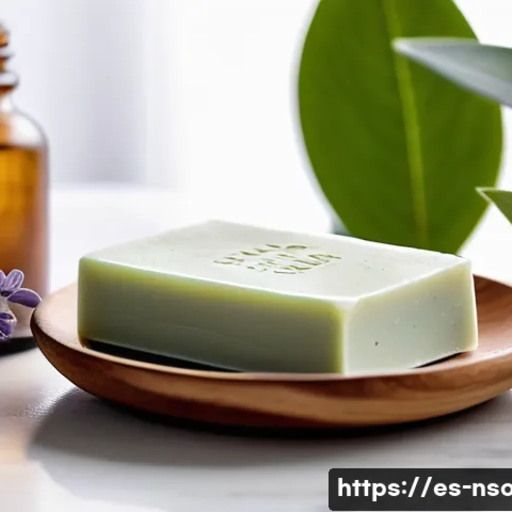 천연비누 피부 관리 후기 - A cozy, sunlit bathroom scene featuring a hand holding a creamy, natural soap bar made with olive oi...