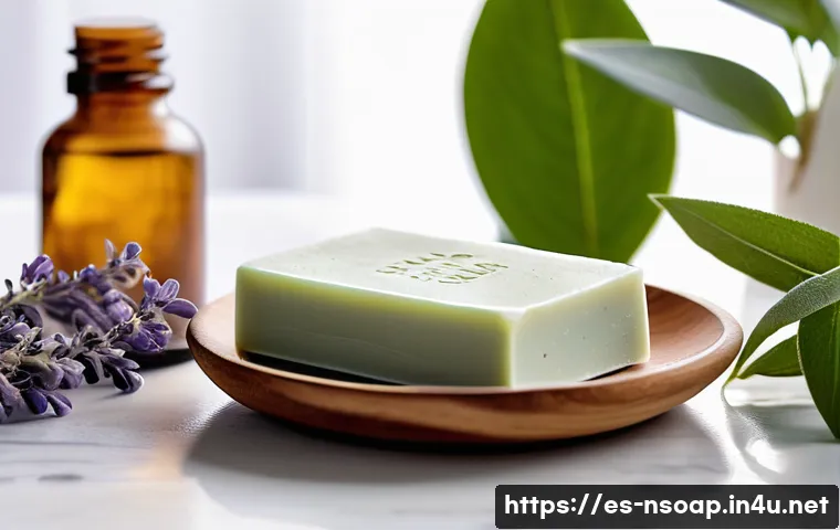 천연비누 피부 관리 후기 - A cozy, sunlit bathroom scene featuring a hand holding a creamy, natural soap bar made with olive oi...