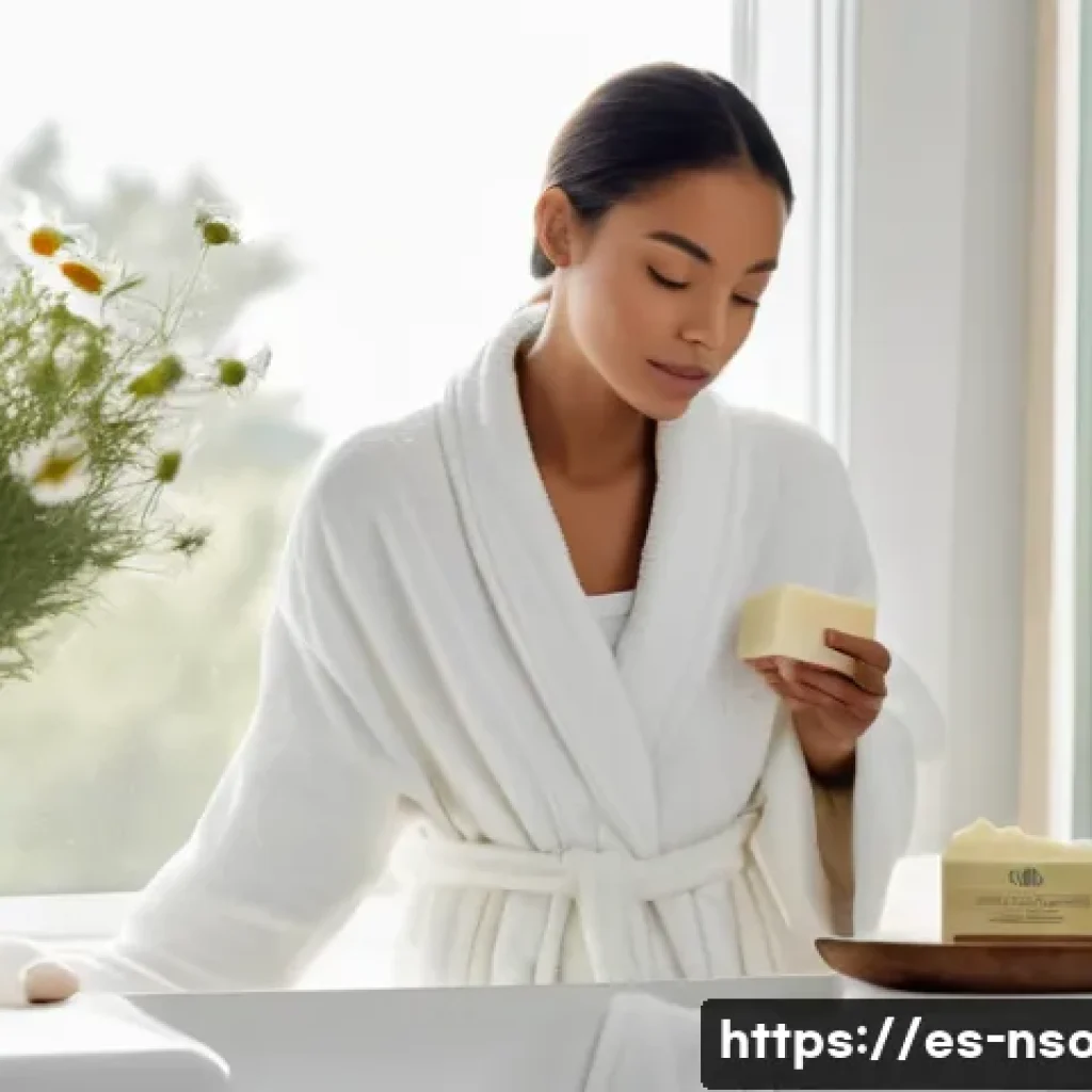 천연비누 각질 제거 - A serene bathroom scene featuring a person with clean, moisturized skin gently cleansing their face ...