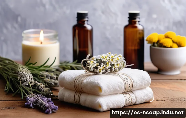 천연비누 재료 상식 - A cozy artisanal soap-making scene featuring natural essential oils and vegetable butters on a rusti...