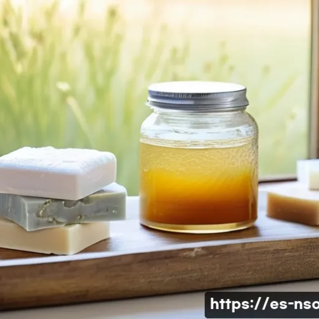 천연비누 피부 트러블 후기 - A serene bathroom scene featuring a set of natural handmade soaps displayed on a rustic wooden tray ...