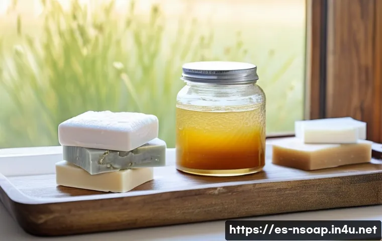 천연비누 피부 트러블 후기 - A serene bathroom scene featuring a set of natural handmade soaps displayed on a rustic wooden tray ...