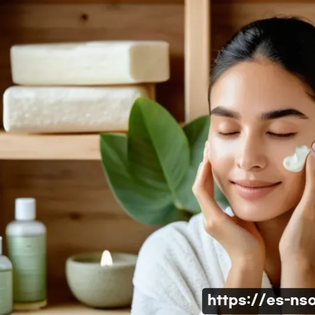 천연비누 모공 축소 - A serene skincare scene featuring a young Hispanic woman with clean, glowing skin gently washing her...