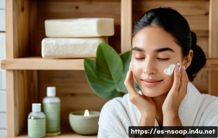천연비누 모공 축소 - A serene skincare scene featuring a young Hispanic woman with clean, glowing skin gently washing her...