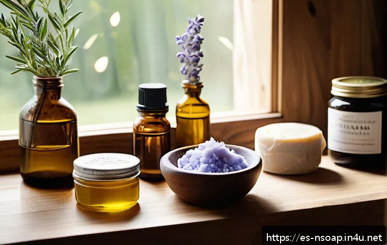 천연비누 홈메이드 만드는 법 - A cozy artisanal soap-making scene in a bright, rustic kitchen with natural sunlight streaming throu...