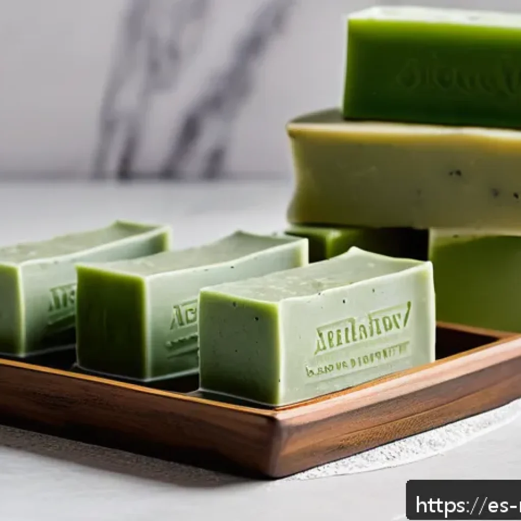 천연비누 피지 관리 비법 - A serene bathroom scene featuring natural handmade soap bars infused with green clay, aloe vera, and...
