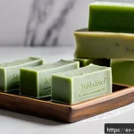 천연비누 피지 관리 비법 - A serene bathroom scene featuring natural handmade soap bars infused with green clay, aloe vera, and...