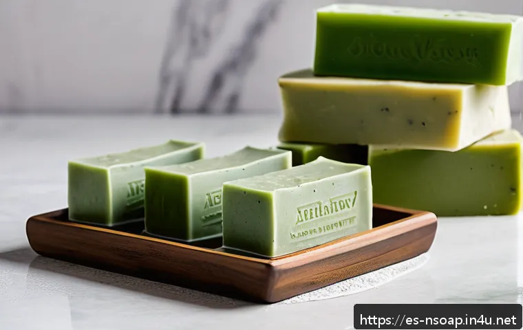 천연비누 피지 관리 비법 - A serene bathroom scene featuring natural handmade soap bars infused with green clay, aloe vera, and...