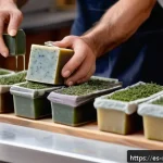 천연비누와 인공 비누 비교 - A rustic artisan soap workshop scene featuring a skilled craftsman carefully pouring natural oils an...