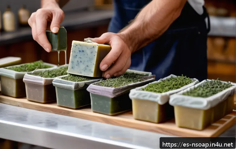 천연비누와 인공 비누 비교 - A rustic artisan soap workshop scene featuring a skilled craftsman carefully pouring natural oils an...