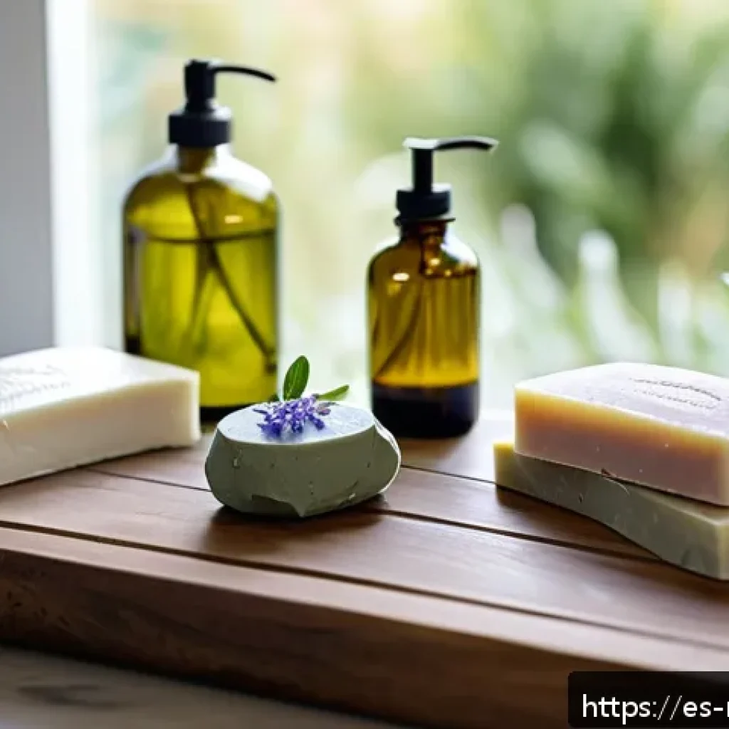천연비누 자극없는 세정력 - A serene bathroom scene featuring artisanal natural soaps made with olive oil, shea butter, coconut ...