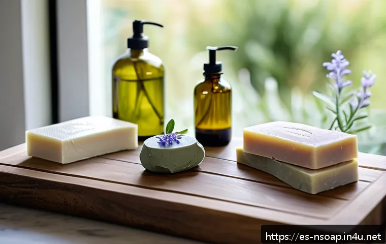 천연비누 자극없는 세정력 - A serene bathroom scene featuring artisanal natural soaps made with olive oil, shea butter, coconut ...
