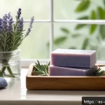 천연비누 여드름 예방 - A serene bathroom scene showcasing a variety of natural acne soap bars arranged on a wooden tray, su...