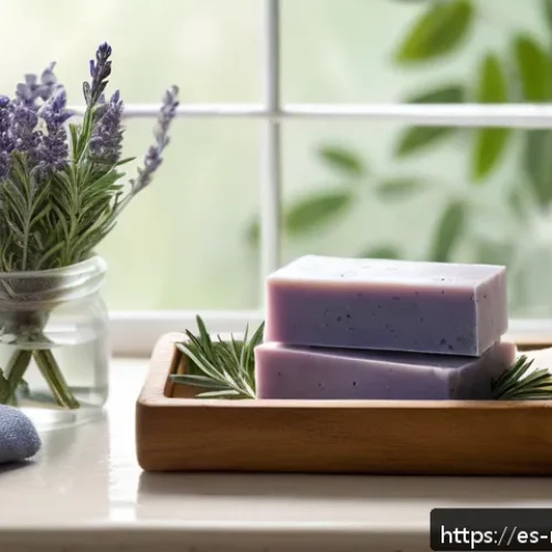 천연비누 여드름 예방 - A serene bathroom scene showcasing a variety of natural acne soap bars arranged on a wooden tray, su...