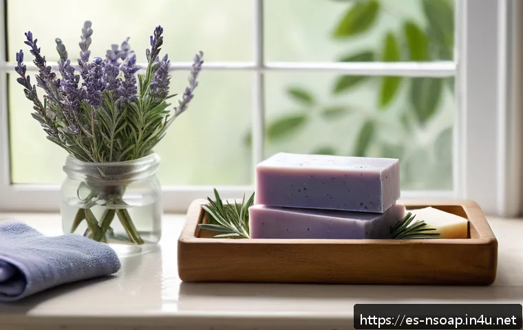천연비누 여드름 예방 - A serene bathroom scene showcasing a variety of natural acne soap bars arranged on a wooden tray, su...