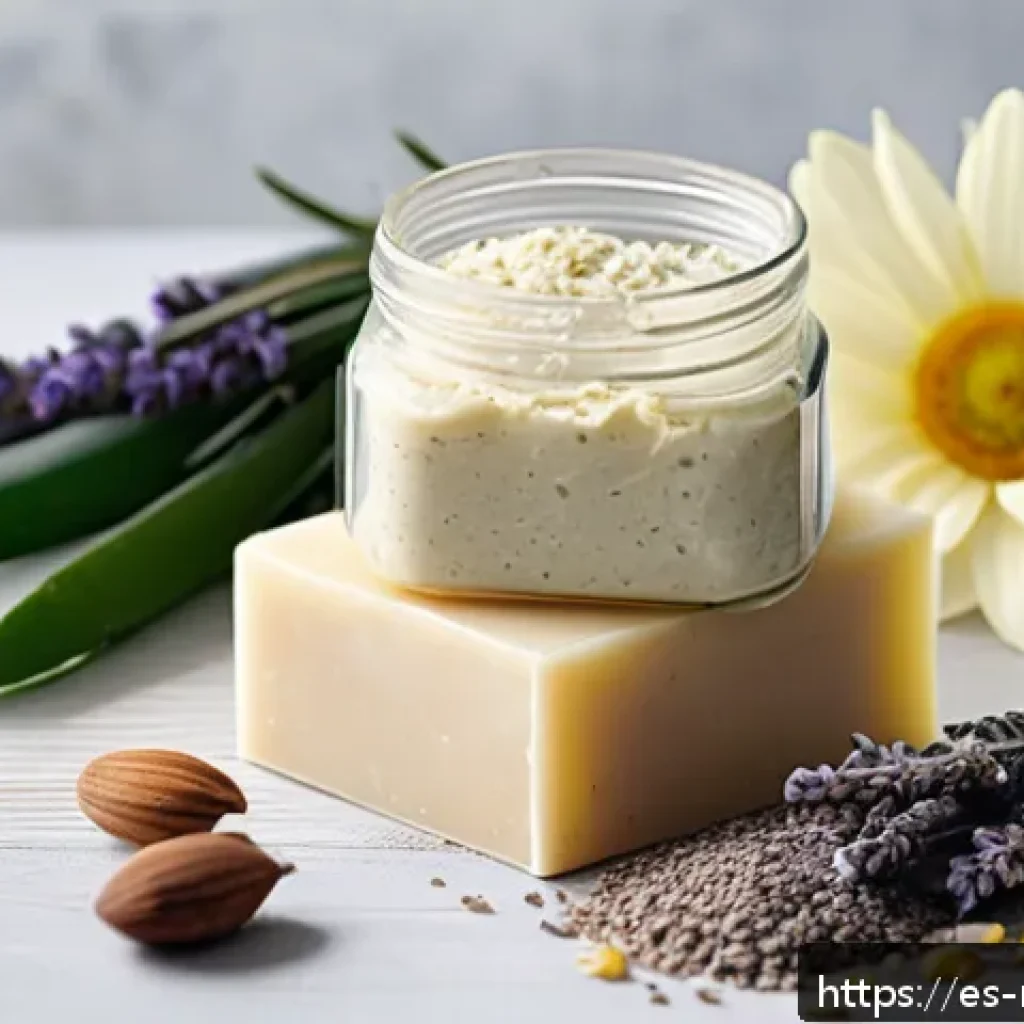 천연비누에 좋은 성분 - A serene, sunlit artisanal soap-making scene featuring natural ingredients arranged on a rustic wood...