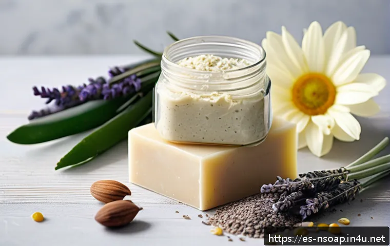 천연비누에 좋은 성분 - A serene, sunlit artisanal soap-making scene featuring natural ingredients arranged on a rustic wood...