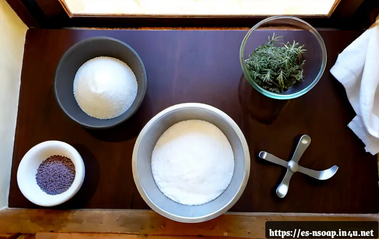Home 26 천연비누 만들기 팁 - Photorealistic overhead view of a home soap-making workspace in a bright Spanish-style kitchen, oliv...