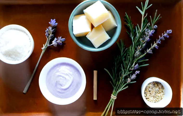 Home 15 천연비누 재료 선택 - Photorealistic overhead flat lay of natural soap-making ingredients carefully selected on a clean ru...