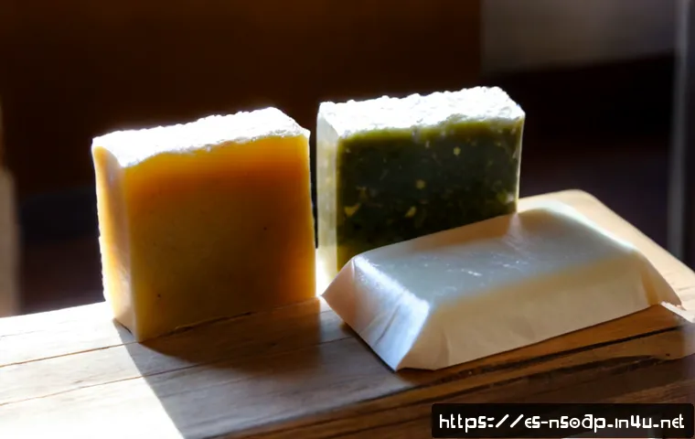 천연비누 추천 브랜드 - Photorealistic product comparison scene of three unbranded natural soap bars on a sunlit rustic wood...
