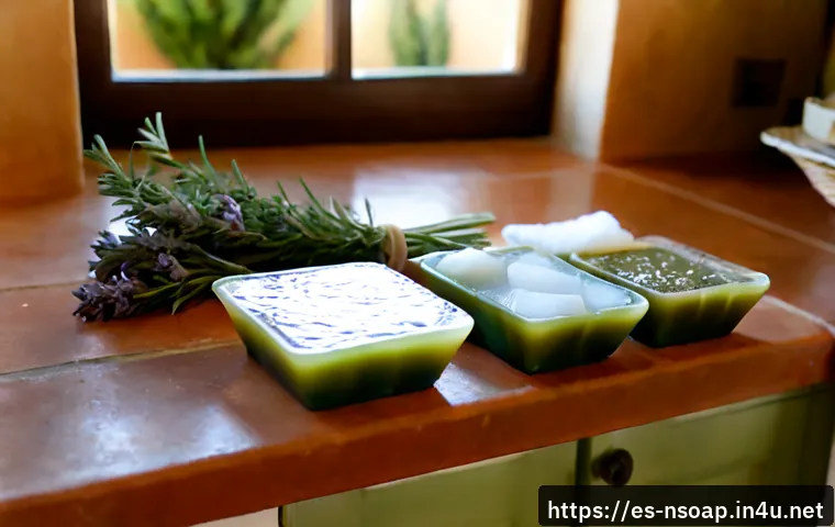 천연비누 베이스 - Photorealistic artisanal natural soap base workshop in a bright Spanish home kitchen, clear glass bo...